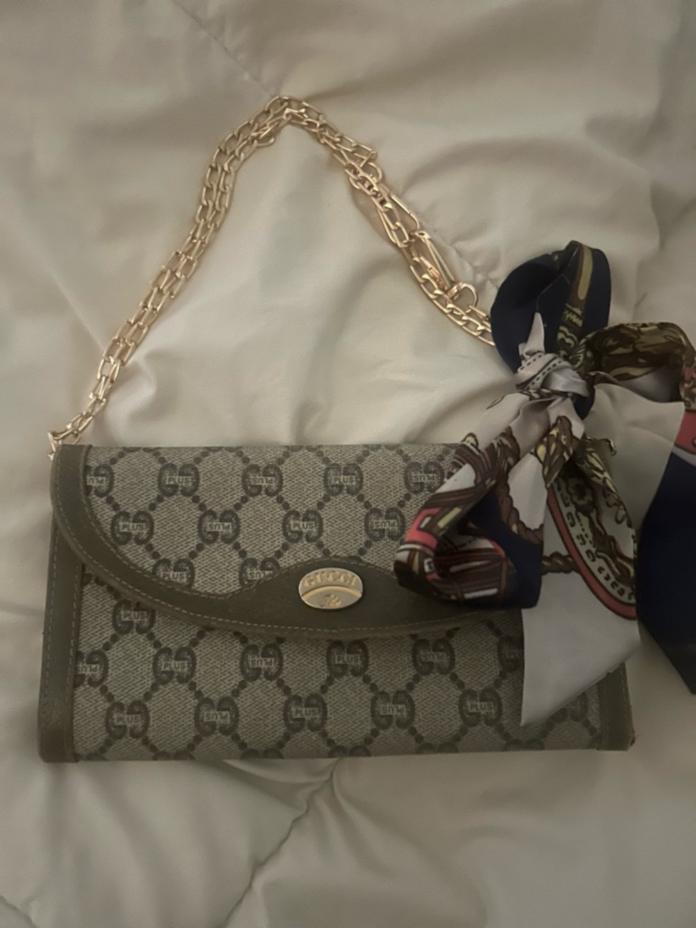 Gucci Beige Olive Monogram Chain Shoulder Bag with twilly and aftermarket chain